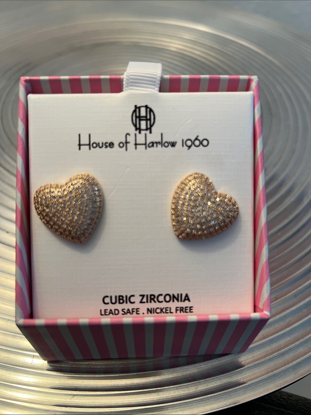 HOUSE OF HARLOW 1960 GOLD TONE & CUBIC ZIRCONIA HEART PIERCED EARRINGS